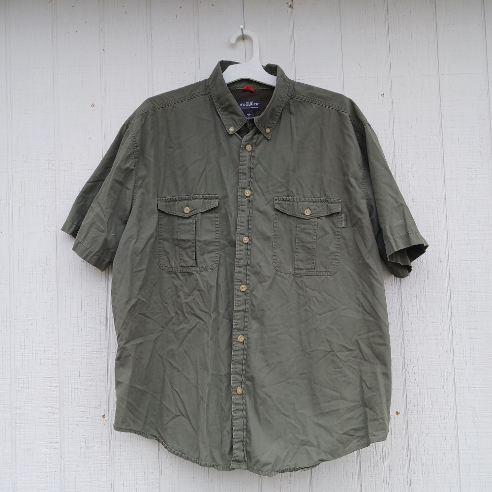 Woolrich Cotton Light Olive Green Short Sleeve Button Down Top Mens Size XL